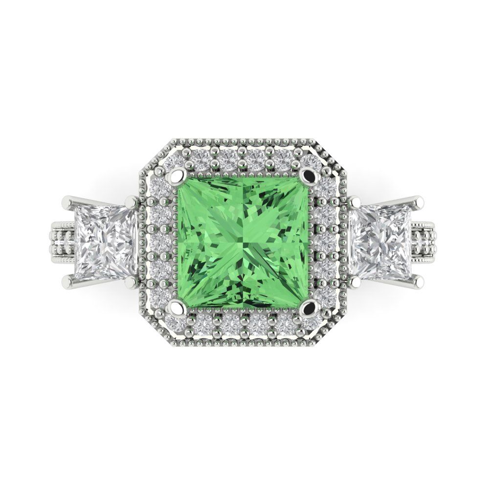 3.005 cttw Zirconia Simulated Green Diamond Three-Stone Engagement Ring - Solid White Gold (VVS1, Princess Cut,7.0mm)