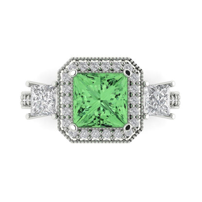 3.005 cttw Zirconia Simulated Green Diamond Three-Stone Engagement Ring - Solid White Gold (VVS1, Princess Cut,7.0mm)