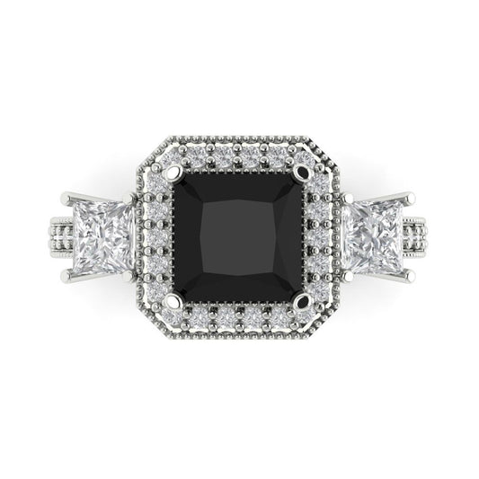 3.005 cttw Natural Onyx Three-Stone Engagement Ring - Solid White Gold (VVS1, Princess Cut,7.0mm)