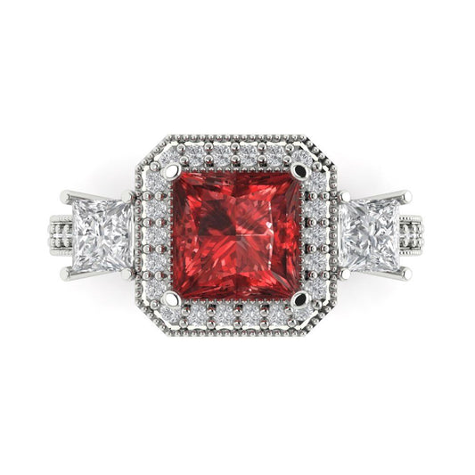 3.005 cttw Natural Garnet Three-Stone Engagement Ring - Solid White Gold (VVS1, Princess Cut,7.0mm)