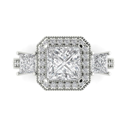 3.005 cttw White Sapphire Three-Stone Engagement Ring - Solid White Gold (VVS1, Princess Cut,7.0mm)