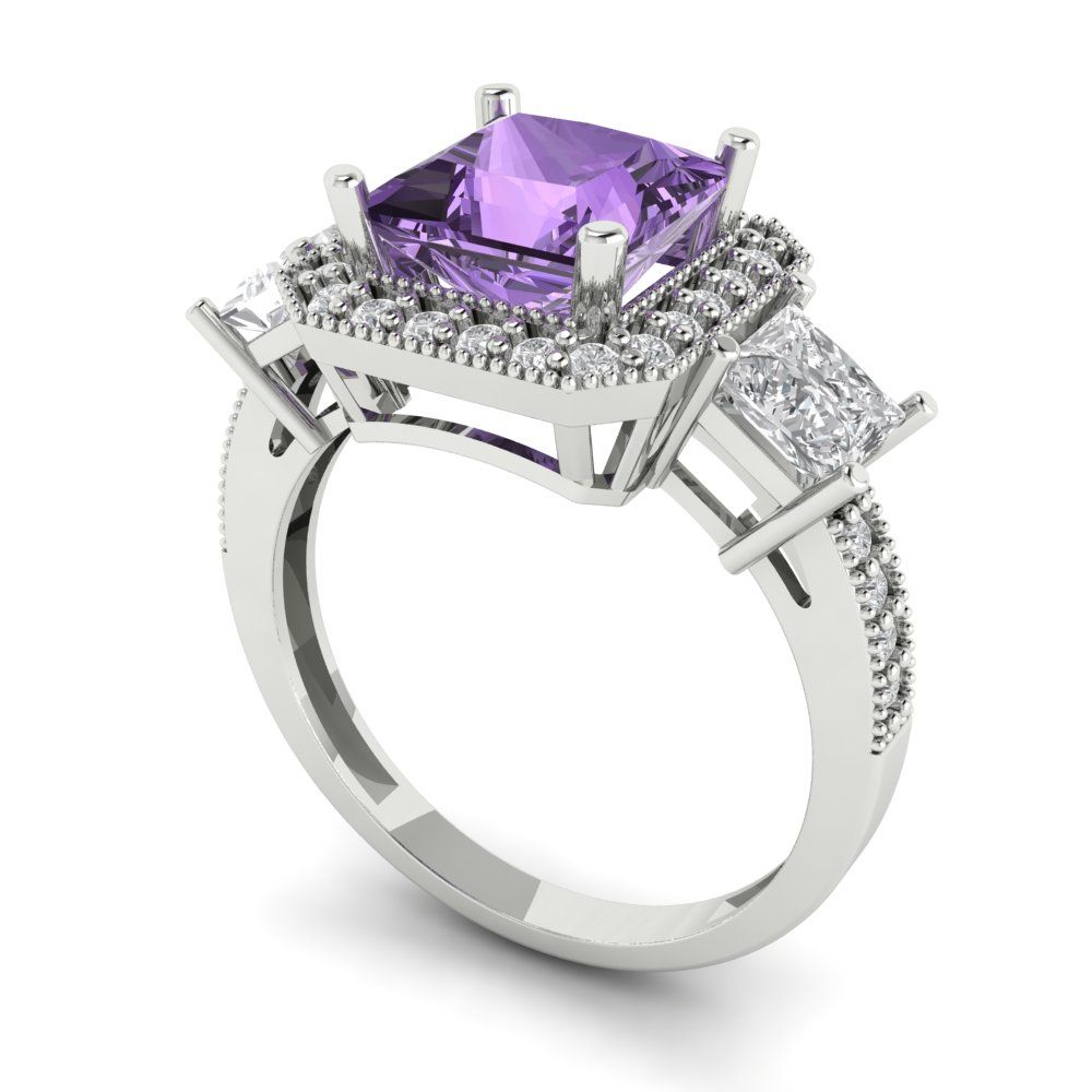 3.005 cttw Simulated Alexandrite Three-Stone Engagement Ring - Solid Gold (Princess Cut,7.0mm)