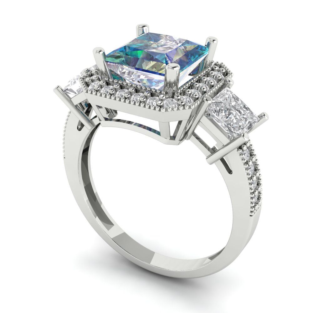 3.005 cttw Blue Moissanite Three-Stone Engagement Ring - Solid White Gold (VVS1, Princess Cut,7.0mm)