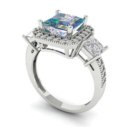 3.005 cttw Blue Moissanite Three-Stone Engagement Ring - Solid White Gold (VVS1, Princess Cut,7.0mm)