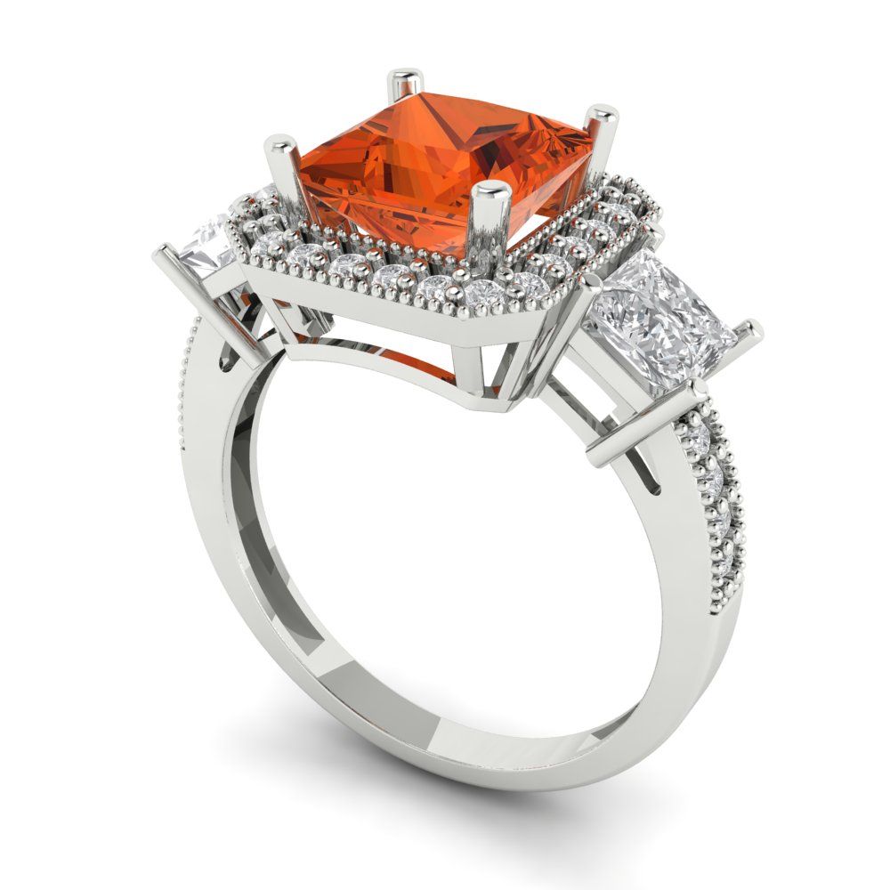 3.005 cttw Zirconia Simulated Red Diamond Three-Stone Engagement Ring - Solid Gold (VVS1, Princess Cut,7.0mm)