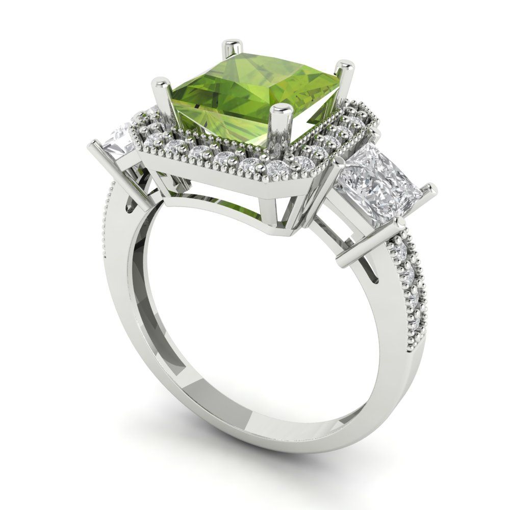 3.005 cttw Natural Peridot Three-Stone Engagement Ring - Solid White Gold (VVS1, Princess Cut,7.0mm)