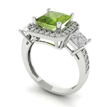 3.005 cttw Natural Peridot Three-Stone Engagement Ring - Solid White Gold (VVS1, Princess Cut,7.0mm)