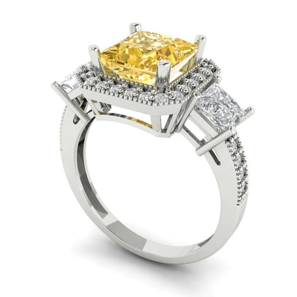 3.005 cttw Yellow Moissanite Three-Stone Engagement Ring - Solid White Gold (VVS1, Princess Cut,7.0mm)