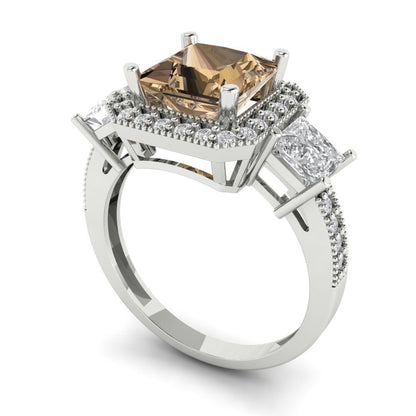 3.005 cttw Zirconia Simulated Champagne Diamond Three-Stone Engagement Ring - Solid White Gold (VVS1, Princess Cut,7.0mm)