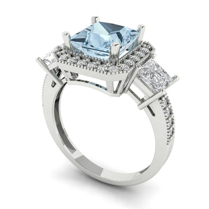3.005 cttw Natural Aquamarine Three-Stone Engagement Ring - Solid White Gold (VVS1, Princess Cut,7.0mm)