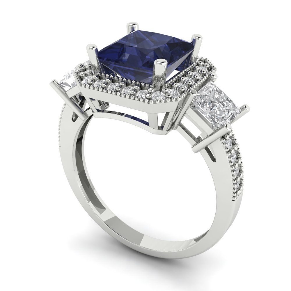 3.005 cttw Simulated Blue Sapphire Three-Stone Engagement Ring - Solid White Gold (VVS1, Princess Cut,7.0mm)