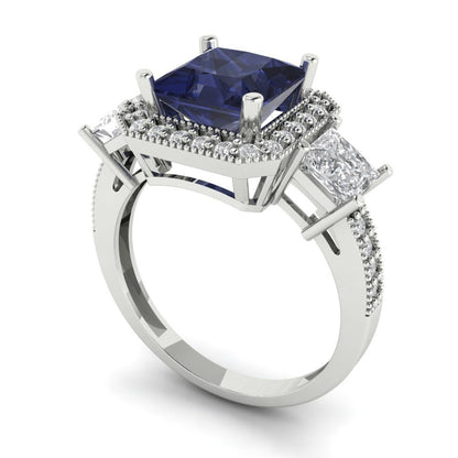 3.005 cttw Simulated Blue Sapphire Three-Stone Engagement Ring - Solid White Gold (VVS1, Princess Cut,7.0mm)
