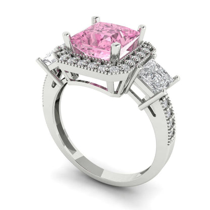 3.005 cttw Zirconia Simulated Pink Diamond Three-Stone Engagement Ring - Solid White Gold (VVS1, Princess Cut,7.0mm)