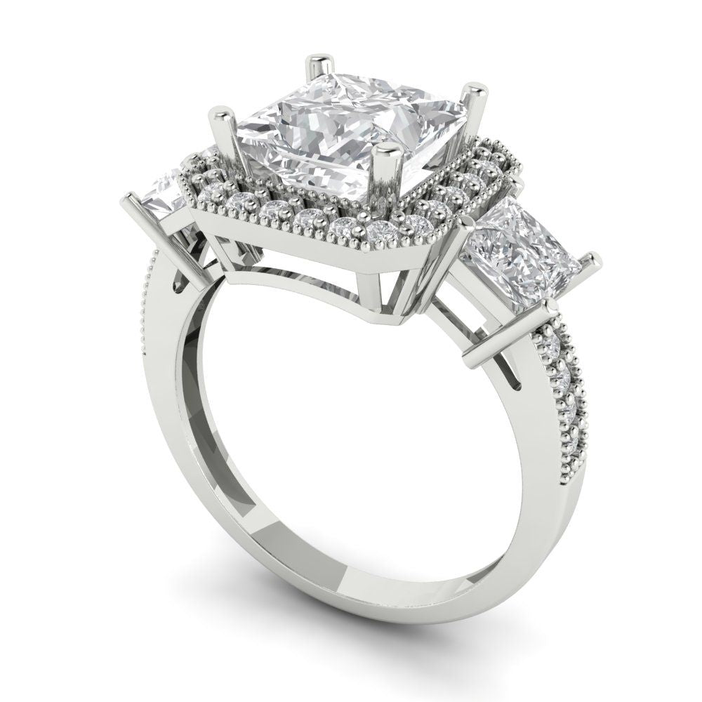 3.005 cttw White Sapphire Three-Stone Engagement Ring - Solid White Gold (VVS1, Princess Cut,7.0mm)