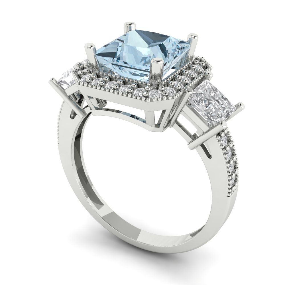 3.005 cttw Zirconia Simulated Blue Diamond Three-Stone Engagement Ring - Solid White Gold (VVS1, Princess Cut,7.0mm)