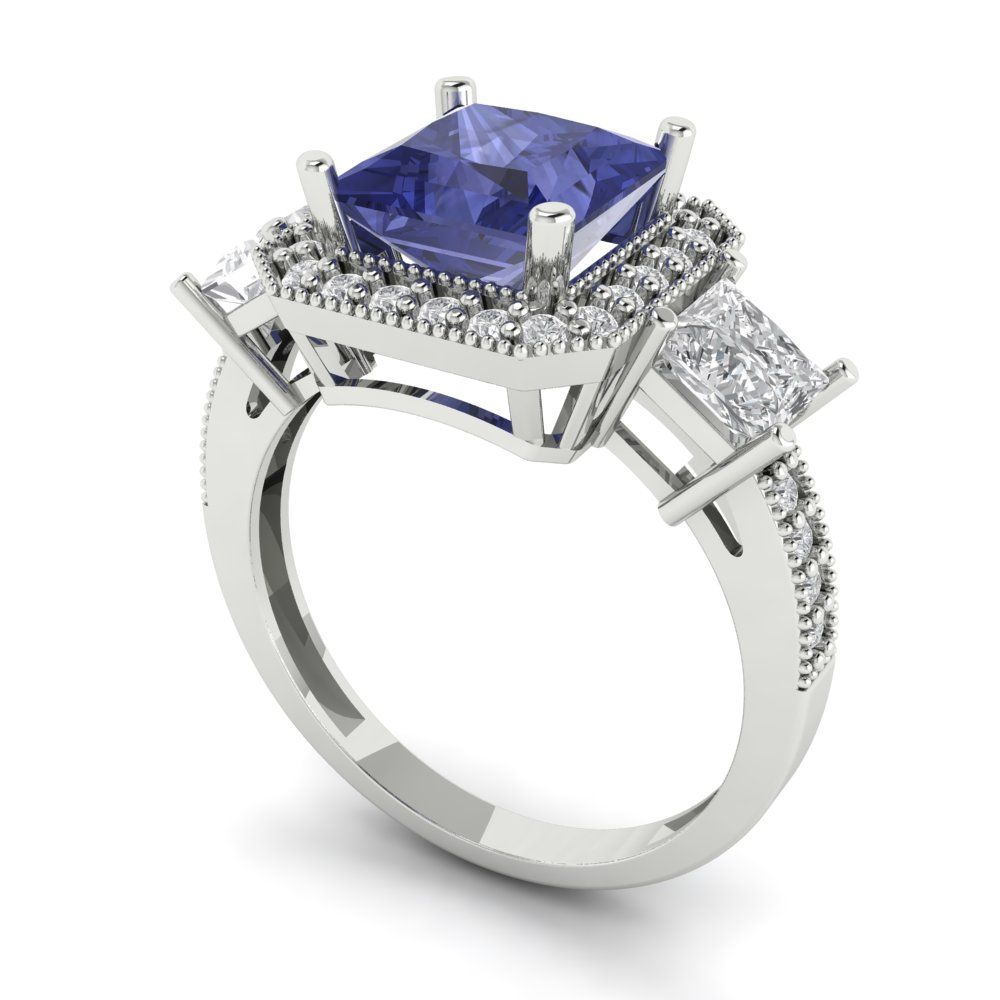 3.005 cttw Simulated Tanzanite Three-Stone Engagement Ring - Solid White Gold (VVS1, Princess Cut,7.0mm)