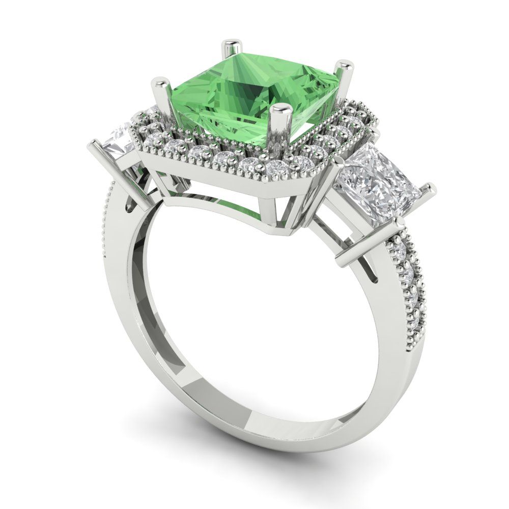 3.005 cttw Zirconia Simulated Green Diamond Three-Stone Engagement Ring - Solid White Gold (VVS1, Princess Cut,7.0mm)