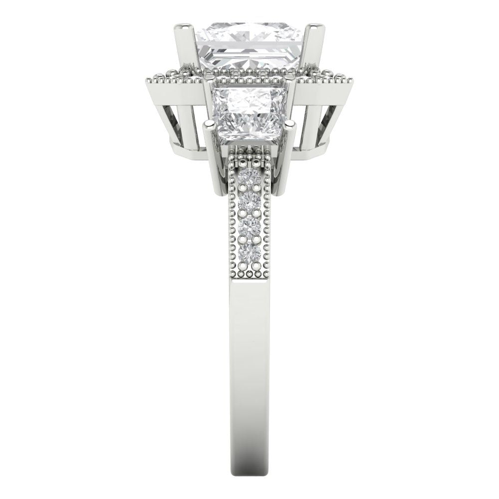 3.005 cttw White Sapphire Three-Stone Engagement Ring - Solid White Gold (VVS1, Princess Cut,7.0mm)