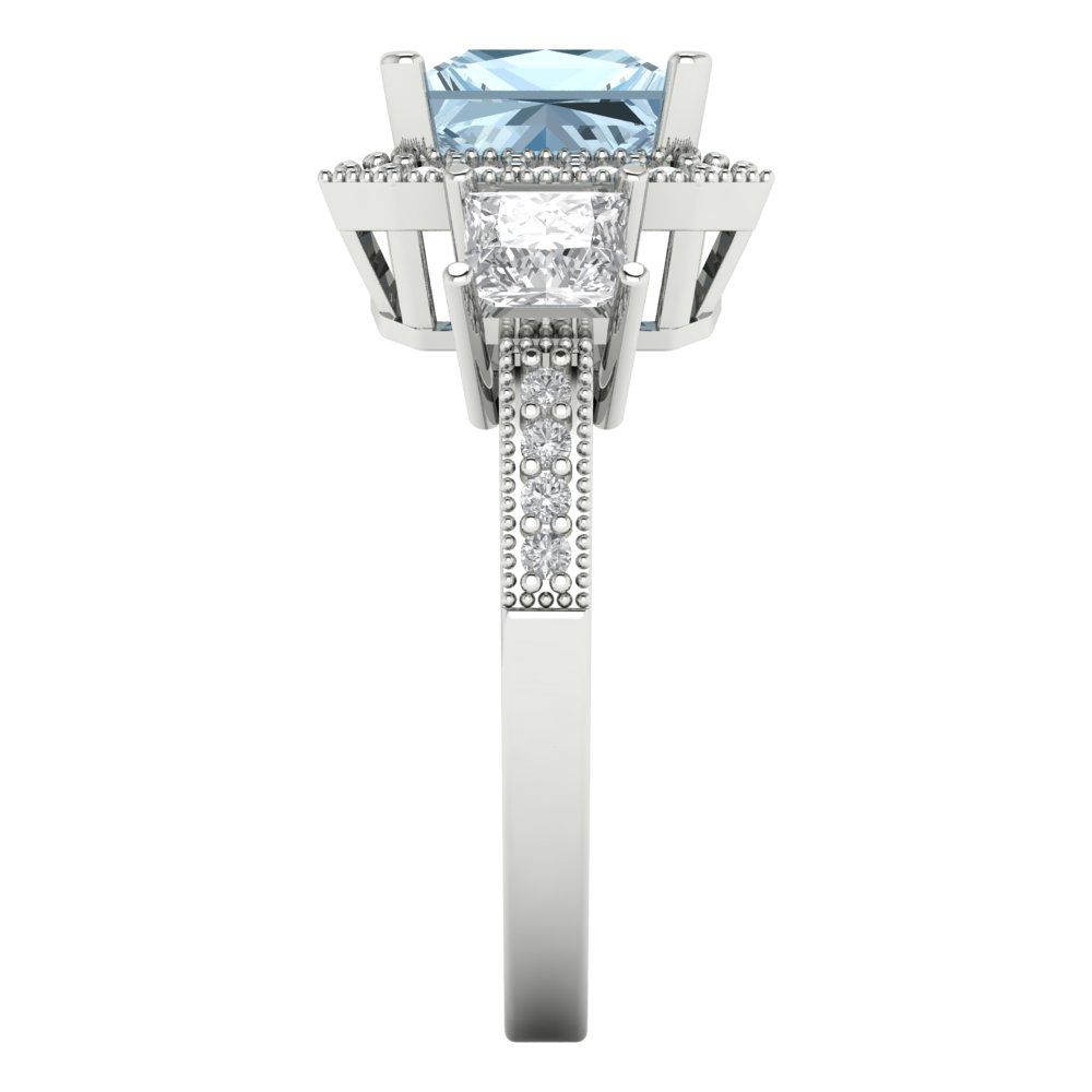 3.005 cttw Zirconia Simulated Blue Diamond Three-Stone Engagement Ring - Solid White Gold (VVS1, Princess Cut,7.0mm)