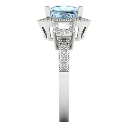 3.005 cttw Zirconia Simulated Blue Diamond Three-Stone Engagement Ring - Solid White Gold (VVS1, Princess Cut,7.0mm)