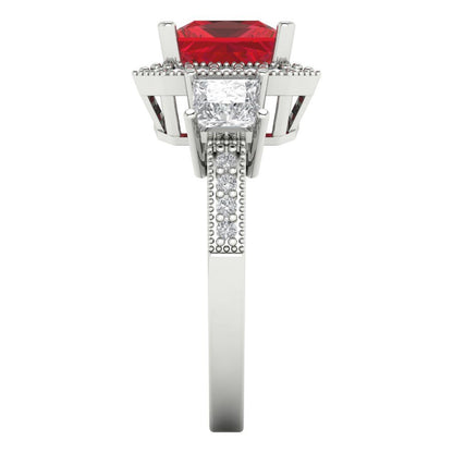 3.005 cttw Simulated Ruby Three-Stone Engagement Ring - Solid Gold (Princess Cut,7.0mm)