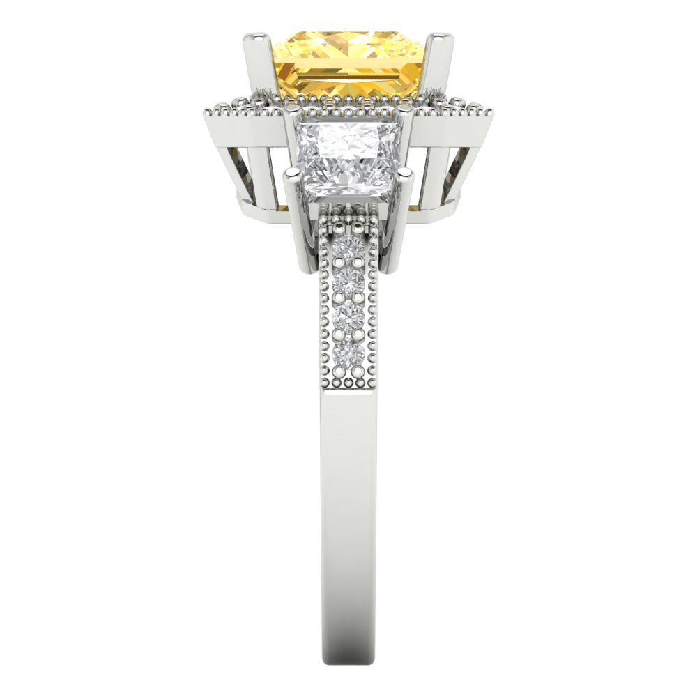 3.005 cttw Zirconia Simulated Yellow Diamond Three-Stone Engagement Ring - Solid Gold (VVS1, Princess Cut,7.0mm)