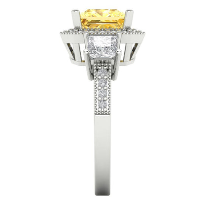3.005 cttw Zirconia Simulated Yellow Diamond Three-Stone Engagement Ring - Solid Gold (VVS1, Princess Cut,7.0mm)