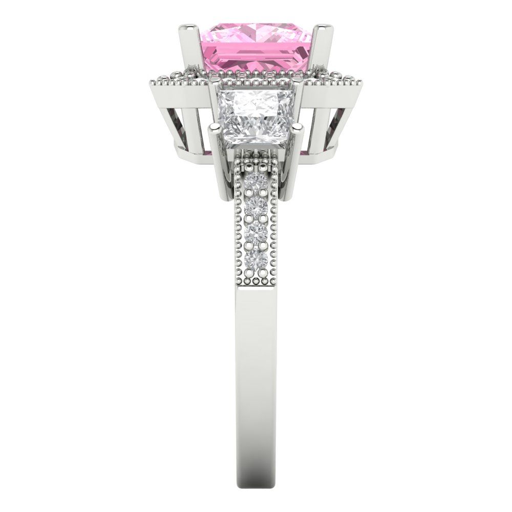 3.005 cttw Zirconia Simulated Pink Diamond Three-Stone Engagement Ring - Solid White Gold (VVS1, Princess Cut,7.0mm)