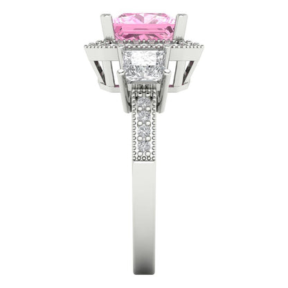 3.005 cttw Zirconia Simulated Pink Diamond Three-Stone Engagement Ring - Solid White Gold (VVS1, Princess Cut,7.0mm)