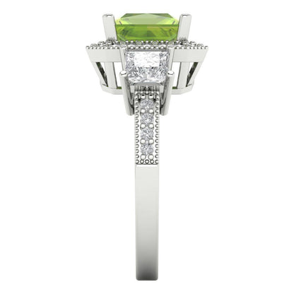 3.005 cttw Natural Peridot Three-Stone Engagement Ring - Solid White Gold (VVS1, Princess Cut,7.0mm)