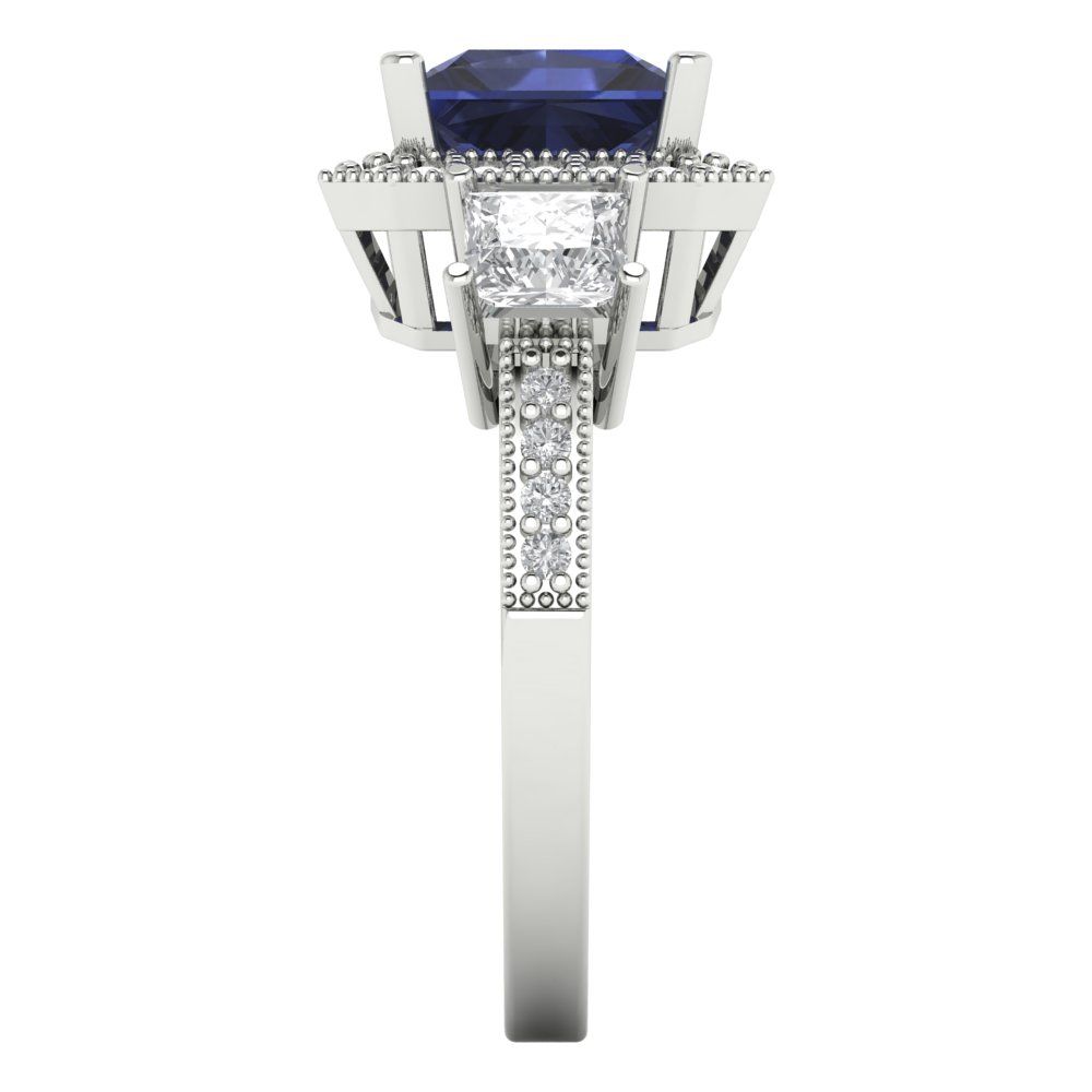 3.005 cttw Simulated Blue Sapphire Three-Stone Engagement Ring - Solid White Gold (VVS1, Princess Cut,7.0mm)