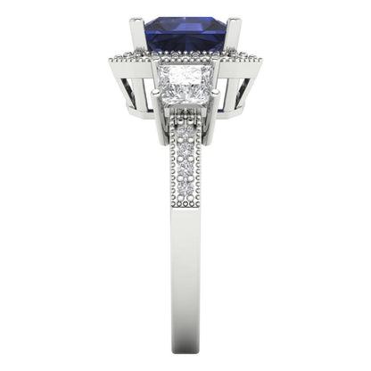 3.005 cttw Simulated Blue Sapphire Three-Stone Engagement Ring - Solid White Gold (VVS1, Princess Cut,7.0mm)