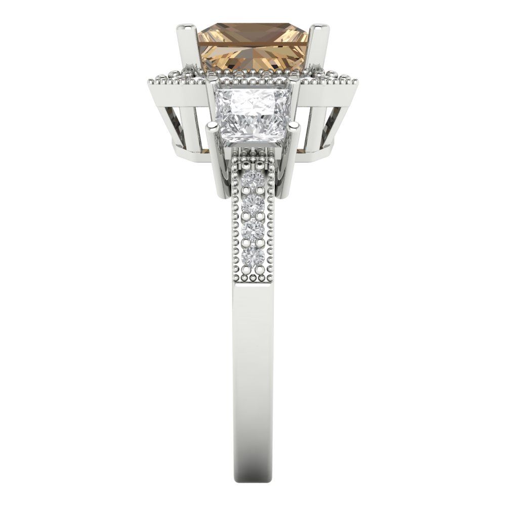 3.005 cttw Zirconia Simulated Champagne Diamond Three-Stone Engagement Ring - Solid White Gold (VVS1, Princess Cut,7.0mm)