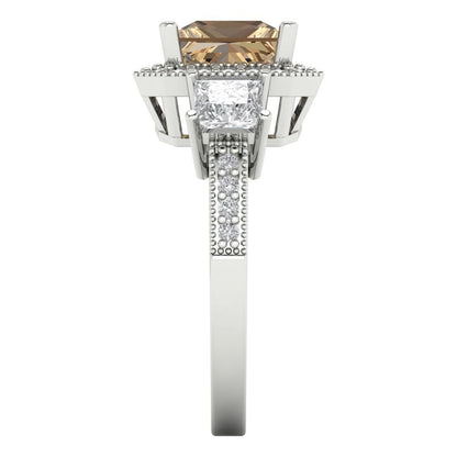 3.005 cttw Zirconia Simulated Champagne Diamond Three-Stone Engagement Ring - Solid White Gold (VVS1, Princess Cut,7.0mm)