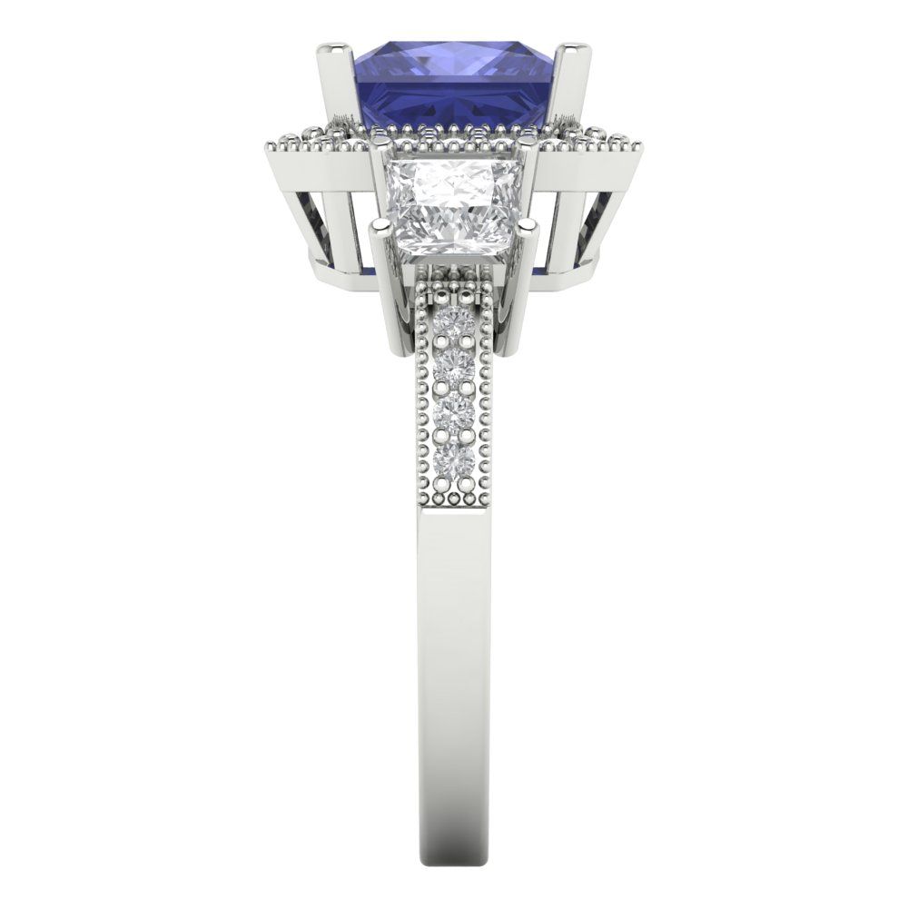 3.005 cttw Simulated Tanzanite Three-Stone Engagement Ring - Solid White Gold (VVS1, Princess Cut,7.0mm)