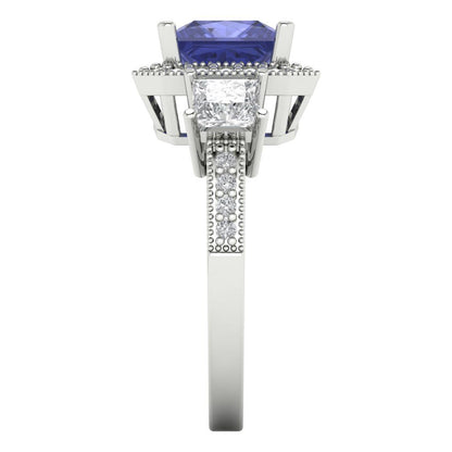 3.005 cttw Simulated Tanzanite Three-Stone Engagement Ring - Solid White Gold (VVS1, Princess Cut,7.0mm)