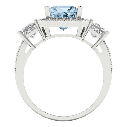 3.005 cttw Natural Sky Blue Topaz Three-Stone Engagement Ring - Solid White Gold (VVS1, Princess Cut,7.0mm)