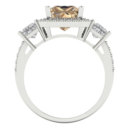 3.005 cttw Yellow Moissanite Three-Stone Engagement Ring - Solid White Gold (VVS1, Princess Cut,7.0mm)