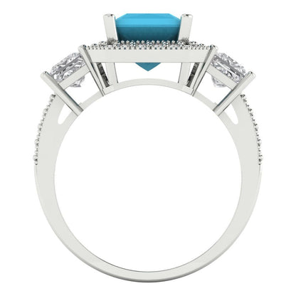 3.005 cttw Simulated Turquoise Three-Stone Engagement Ring - Solid Gold (Princess Cut,7.0mm)