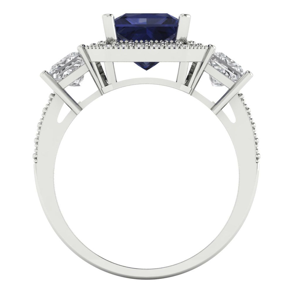 3.005 cttw Simulated Blue Sapphire Three-Stone Engagement Ring - Solid White Gold (VVS1, Princess Cut,7.0mm)