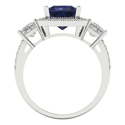 3.005 cttw Simulated Blue Sapphire Three-Stone Engagement Ring - Solid White Gold (VVS1, Princess Cut,7.0mm)