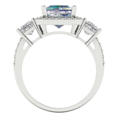 3.005 cttw Blue Moissanite Three-Stone Engagement Ring - Solid White Gold (VVS1, Princess Cut,7.0mm)