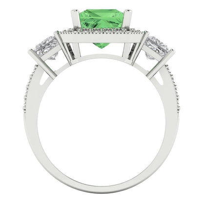 3.005 cttw Zirconia Simulated Green Diamond Three-Stone Engagement Ring - Solid White Gold (VVS1, Princess Cut,7.0mm)