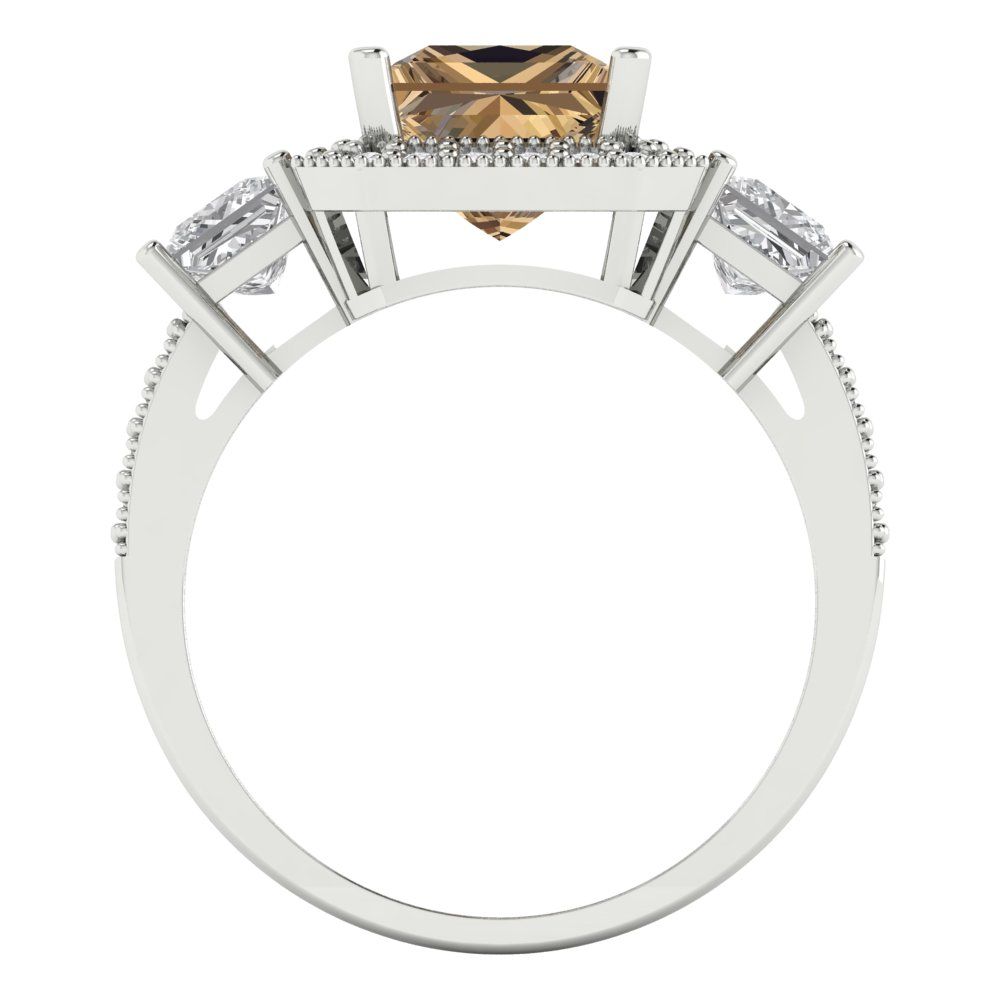 3.005 cttw Zirconia Simulated Champagne Diamond Three-Stone Engagement Ring - Solid White Gold (VVS1, Princess Cut,7.0mm)