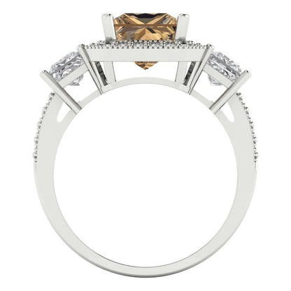 3.005 cttw Zirconia Simulated Champagne Diamond Three-Stone Engagement Ring - Solid White Gold (VVS1, Princess Cut,7.0mm)