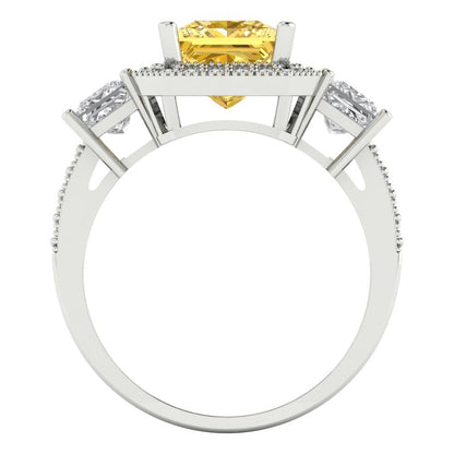 3.005 cttw Zirconia Simulated Yellow Diamond Three-Stone Engagement Ring - Solid Gold (VVS1, Princess Cut,7.0mm)