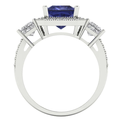 3.005 cttw Simulated Tanzanite Three-Stone Engagement Ring - Solid White Gold (VVS1, Princess Cut,7.0mm)