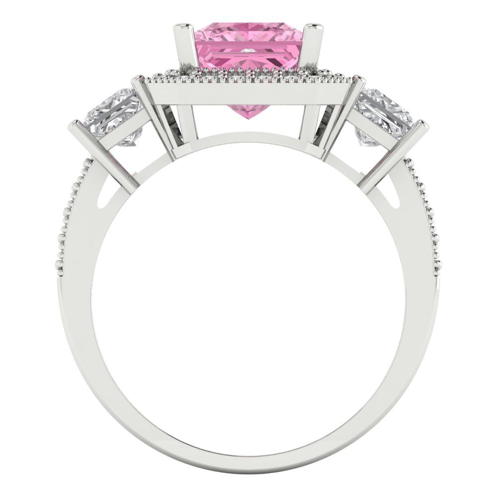 3.005 cttw Zirconia Simulated Pink Diamond Three-Stone Engagement Ring - Solid White Gold (VVS1, Princess Cut,7.0mm)