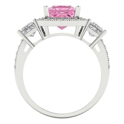 3.005 cttw Zirconia Simulated Pink Diamond Three-Stone Engagement Ring - Solid White Gold (VVS1, Princess Cut,7.0mm)