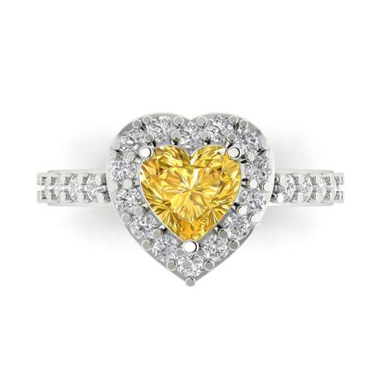 2.03 cttw Zirconia Simulated Yellow Diamond Hidden Halo Engagement Ring - Solid White Gold (VVS1, Heart Cut,7.0mm)